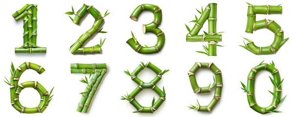 set of green bamboo numbers: 1, 2, 3, 4, 5, 6, 7, 8, 9, 0. isolated on white background