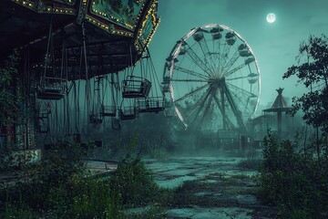 A haunting image of an abandoned amusement park at night, with a Ferris wheel and carousel silhouetted against a full moon.