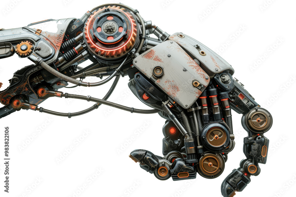 Aufkleber A detailed robotic arm showcasing advanced mechanics and articulation with intricate wiring and tools in a workshop setting