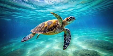 Obraz premium Aerial view of green sea turtle surfacing for air