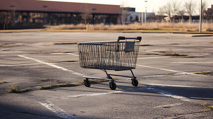 Shopping cart: Empty shopping cart abandoned in a parking lot.