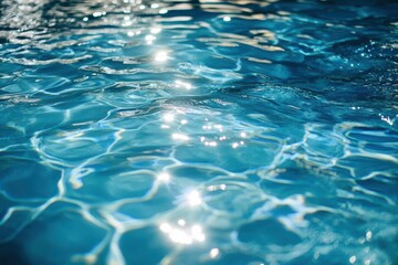 A image of a close-up view of a clear, sparkling swimming pool with sunlight