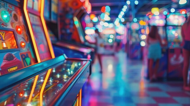 Arcade: A fun-filled gaming zone showcasing video games, pinball machines, and claw grabbers, attracting kids and adults with its lively atmosphere and exciting rewards.
 - Powered by Adobe