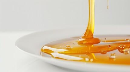 Several lines of honey dripping from the edge of a bowl, contrasting sharply with the clean white background.