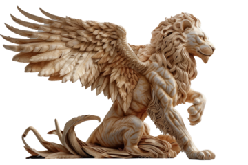 A majestic winged lion stands gracefully, showcasing powerful wings and a glorious mane, beautifully blending elements of fantasy and nature