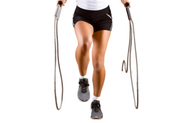 A person performing jump rope exercises indoors with focus on footwork and coordination during a fitness routine