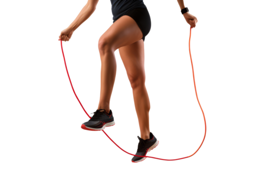 A person performing jump rope exercises indoors with focus on footwork and coordination during a fitness routine