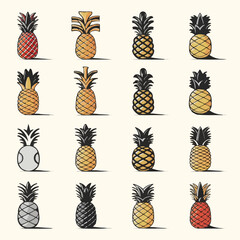Set of styles vector whole, half and cut slice pineapple. Colored hand drawn vector illustration. 