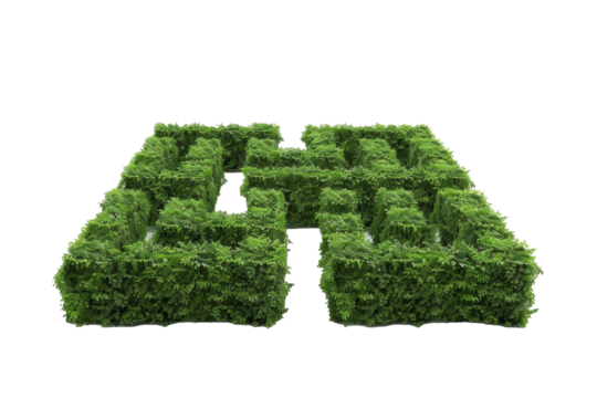 A large green hedge maze shaped like the letter H, located in a garden, showcasing intricate pathways and lush foliage during daylight hours - Powered by Adobe
