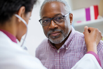 Senior African American Man Receiving Medical Check-up from Doctor