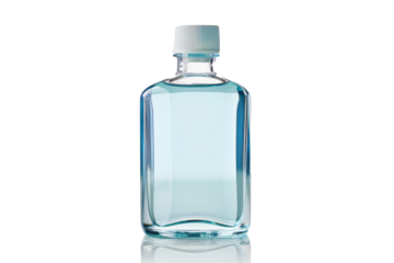 Clear bottle containing blue liquid on a white surface, demonstrating a hand pump mechanism ideal for dispensing various liquids in a controlled manner