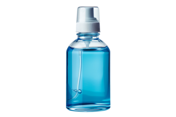 Clear bottle containing blue liquid on a white surface, demonstrating a hand pump mechanism ideal for dispensing various liquids in a controlled manner