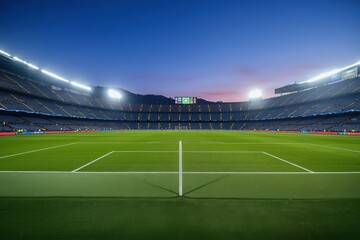 A image of a grand, empty football stadium illuminated under bright