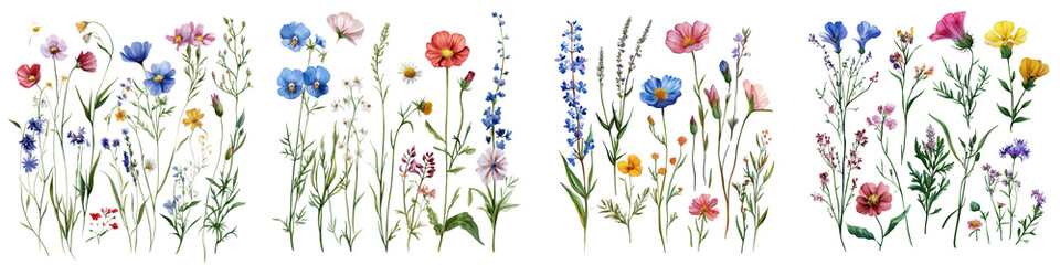 Detailed and vibrantly colored watercolor painting of diverse wildflowers herbs and botanical elements in a natural setting  Includes various flora such as meadow flowers blossoms leaves stems