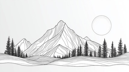 Stunning line art of mountains and trees, showcasing nature's beauty in a minimalist style with a calm, serene atmosphere.
