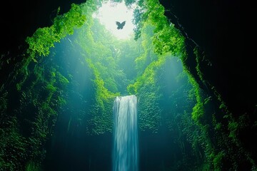 Obraz premium A Waterfall Cascading Through a Lush Forest Canopy