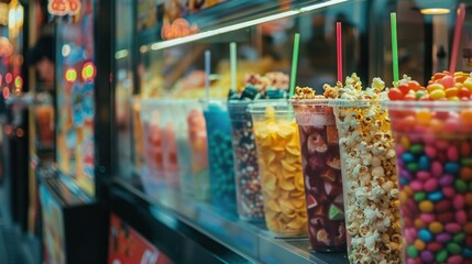 Fototapeta premium Concessions Stand: A popular counter selling an array of snacks and beverages, including popcorn, candy, soda, and nachos, to satisfy hungry moviegoers. 