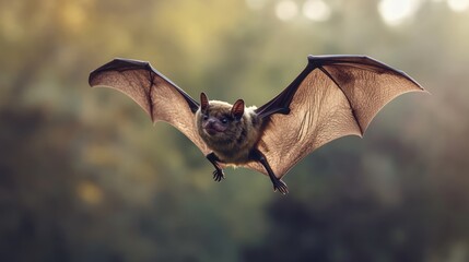 Bat flying outdoors. Hunting animal with spread wings, predator in flight
