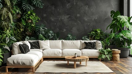Urban jungle in stylish living room interior with white couch with black knot pillow and wooden furniture, copy space on empty wall