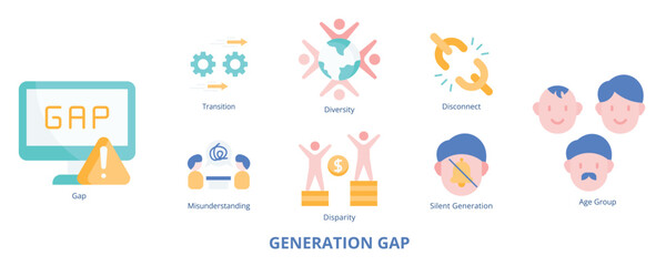 Generation Gap Flat Banner Web Icon Set Vector Illustration, Disparity Diversity, Gap, Transition Disconnect Age Group Misunderstanding Silent group