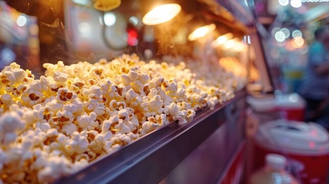 Popcorn Machine: This metallic popcorn machine pops corn kernels into fluffy goodness and typically includes a warming light to maintain freshness for customers.
