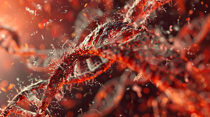 Fractal DNA Infection: A warped and distorted double helix symbolizing DNA. The DNA structure is fractured and corrupted by glowing red anomalies, 