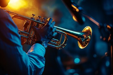Fototapeta premium A polished brass instrument shines on stage as a talented artist weaves the spirit of jazz in a chic urban atmosphere.