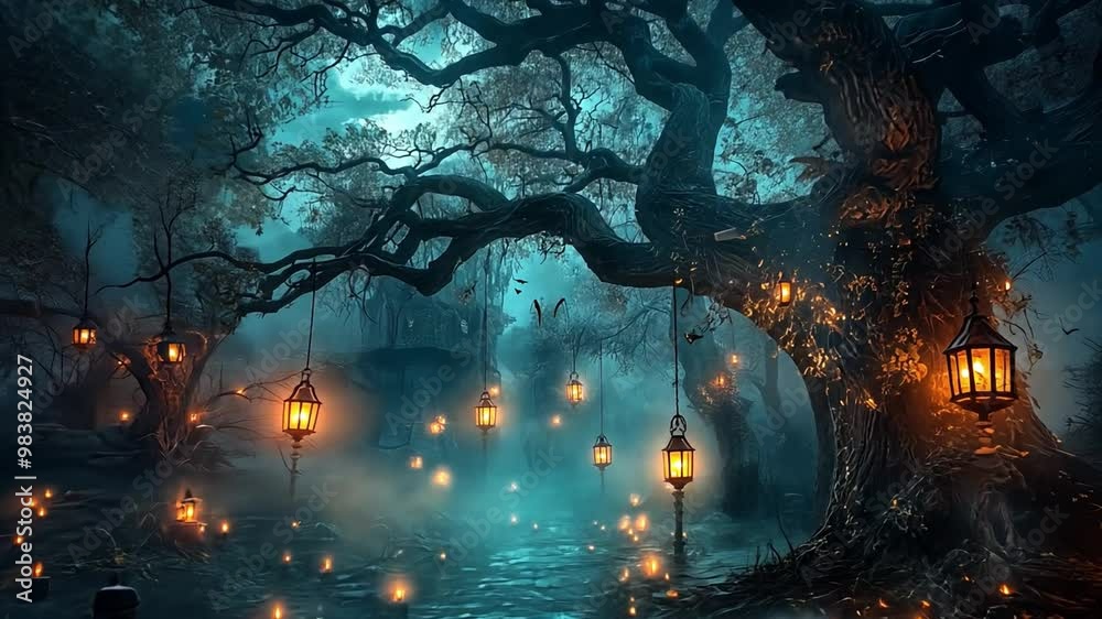 Aufkleber this mystical forest glows with lanterns as fog swirls around towering trees at dusk.