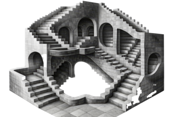 An abstract construction showcasing interconnected concrete staircases in a modern architectural design emphasizing depth and spatial complexity