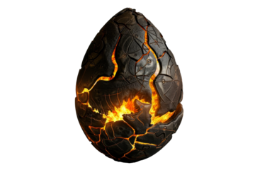 A detailed dragon egg with intricate cracks and glowing veins resting on a dark, textured surface, bathed in a mysterious light, hinting at potential life within