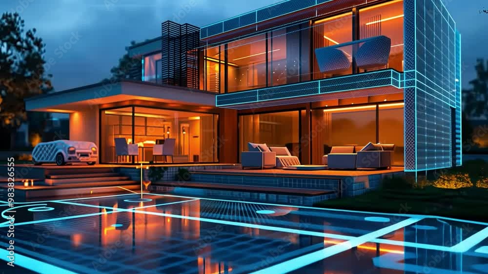 Aufkleber A contemporary house showcases its striking architecture with glowing outlines and an inviting pool area, all bathed in warm twilight hues, creating a peaceful atmosphere.