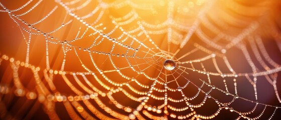 Dewy Spider Web Glimmering in Morning Light