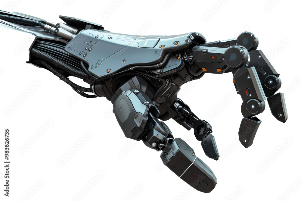 Poster A detailed robotic arm showcasing advanced mechanics and articulation with intricate wiring and tools in a workshop setting