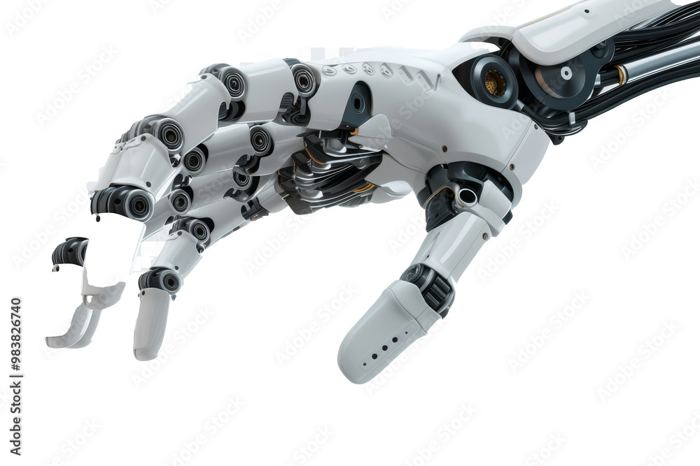 Leinwandbilder A detailed robotic arm showcasing advanced mechanics and articulation with intricate wiring and tools in a workshop setting