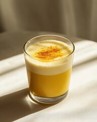 A glass of creamy yellow beverage topped with a sprinkle of spice, set in soft lighting.