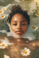Young Black woman in a calming spa, surrounded by wild botanical flowers, peaceful and joyful expression, soft warm tones, wellness and rejuvenation