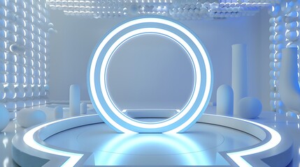 Obraz premium Product circle illumination effect portal stand production scene in the technology room Modern display with white pattern ring