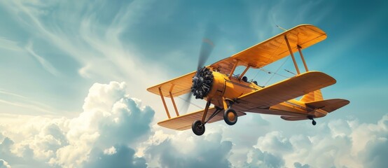 Yellow biplane flying in a blue sky with white clouds.