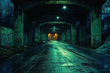 Fototapeta premium A Dark and Empty Roadway Under a Concrete Overpass