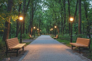 Obraz premium A Paved Pathway Through a Tranquil Forest Park at Dusk