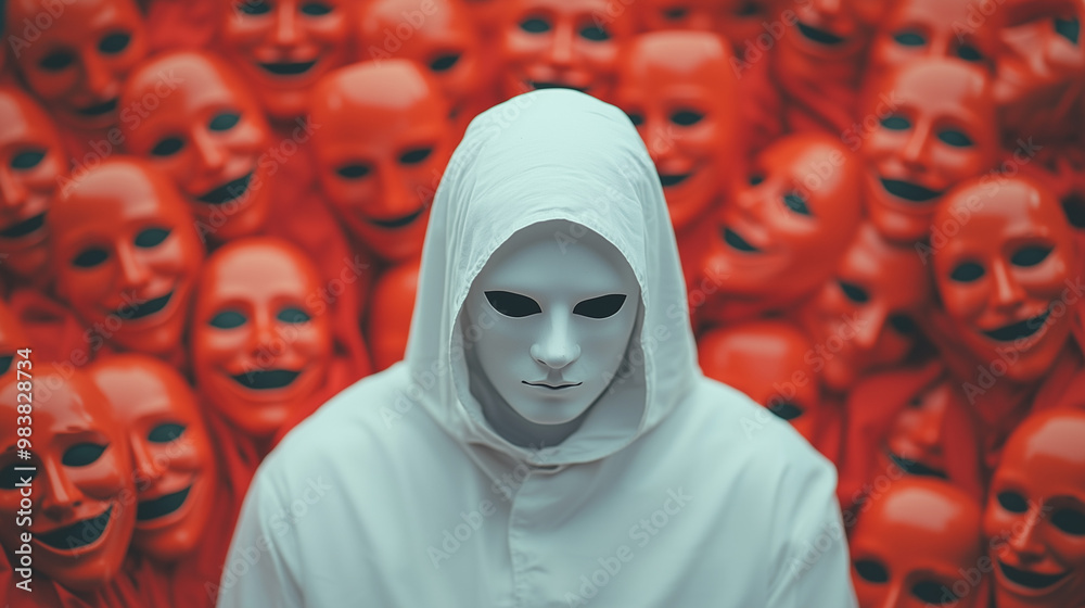 Aufkleber A mysterious figure in white robe and hood sits in front of wall of red smiling masks, creating an eerie and unsettling atmosphere. contrast between figure and masks evokes sense of intrigue and uneas