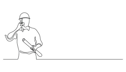 contractor man calling client and bringing roll of paper.single line vector illustration.continuous line.isolated white background