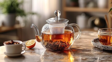 Elegant Glass Teapot with Herbal Tea and Lemon Slice