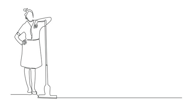 recommend clip art: housemaid standing with leaning stick mop.vector illustration one line drawing.continuous line.isolated white background