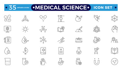 Medical science outline icons collection. Drug testing, scientific discovery disease prevention signs. Medical healthcare, doctor icons. Chemical formula, chemistry. Editable stroke outline icon.
