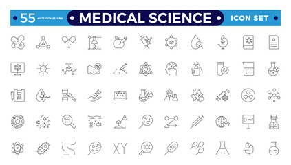 Medical science outline icons collection. Drug testing, scientific discovery disease prevention signs. Medical healthcare, doctor icons. Chemical formula, chemistry. Editable stroke outline icon.
