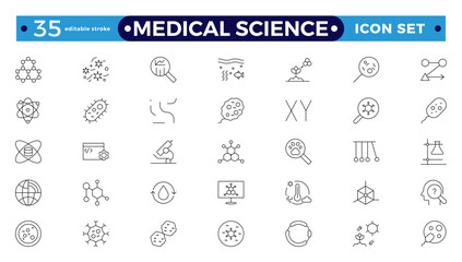 Medical science outline icons collection. Drug testing, scientific discovery disease prevention signs. Medical healthcare, doctor icons. Chemical formula, chemistry. Editable stroke outline icon.
