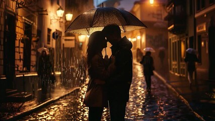 Kissing Romantic Couple in Love. Amidst the symphony of rain on cobblestones, two hearts connect under a single umbrella, crafting a timeless scene of urban romance - Video made using Generative AI.