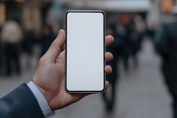 Close-up of a businessman hand holding a smartphone white screen is blank the background is blurred Mockup