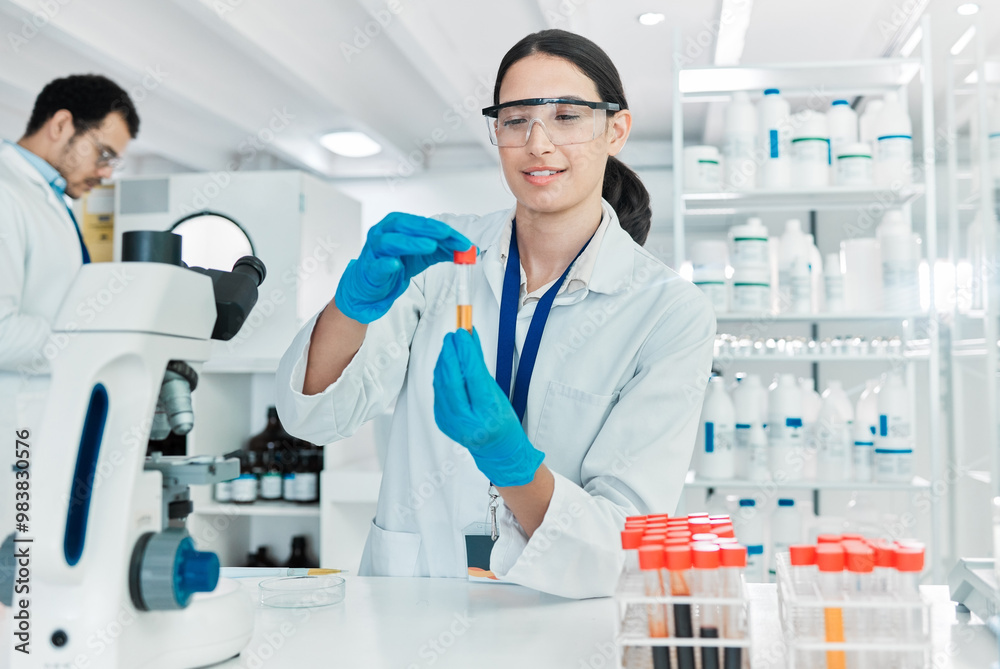 Poster woman, vial and microscope in laboratory for science, problem solving and solution at table. scienti